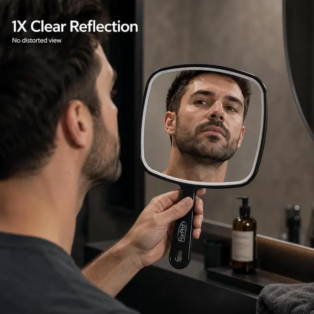 Alt view image 4 of 7 - ForPro 9.6" L x 6.3" W Hand Mirror with Handle, Distortion-Free, Black | for Salon & Makeup Application, Vanity Mirror, Magnifying Makeup Mirror, Salon Mirror, Salon & Spa Essentials