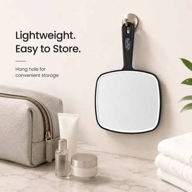Alt view image 5 of 7 - ForPro 9.6" L x 6.3" W Hand Mirror with Handle, Distortion-Free, Black | for Salon & Makeup Application, Vanity Mirror, Magnifying Makeup Mirror, Salon Mirror, Salon & Spa Essentials
