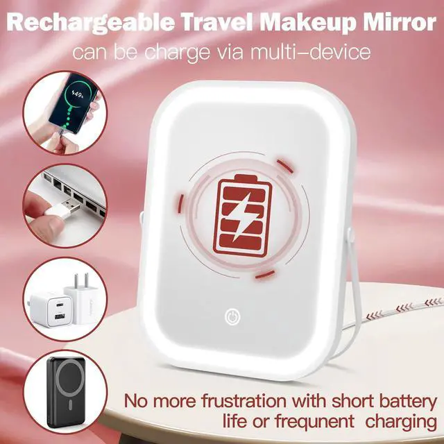 Alt view image 2 of 7 - ROLOVE 6x8 Inch Rechargeable Makeup Mirror with Lights, 3 Color, Portable | LED Lighting, Stepless Dimming, 1500mAh Battery, Type-C Charging, Touch Control, 1X True Reflection, Tabletop & Travel Use