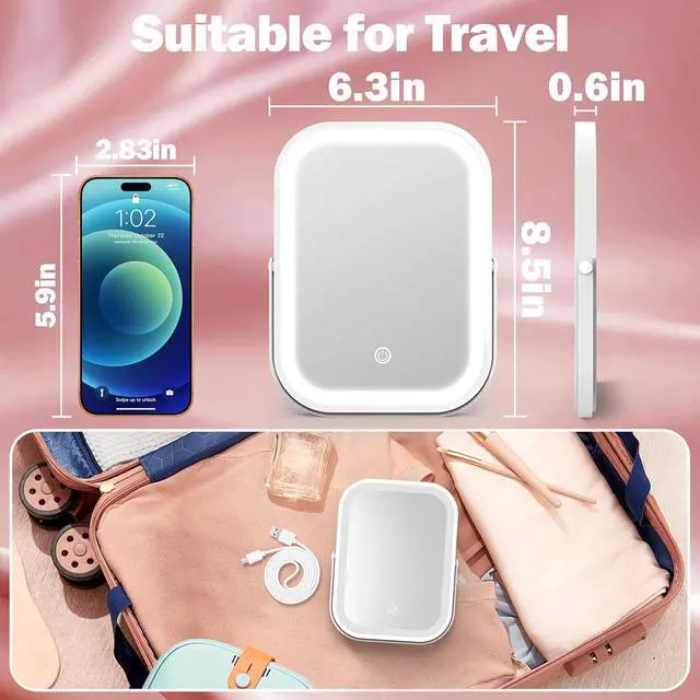 Alt view image 3 of 7 - ROLOVE 6x8 Inch Rechargeable Makeup Mirror with Lights, 3 Color, Portable | LED Lighting, Stepless Dimming, 1500mAh Battery, Type-C Charging, Touch Control, 1X True Reflection, Tabletop & Travel Use
