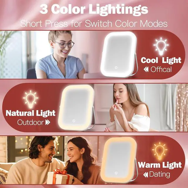 Alt view image 4 of 7 - ROLOVE 6x8 Inch Rechargeable Makeup Mirror with Lights, 3 Color, Portable | LED Lighting, Stepless Dimming, 1500mAh Battery, Type-C Charging, Touch Control, 1X True Reflection, Tabletop & Travel Use