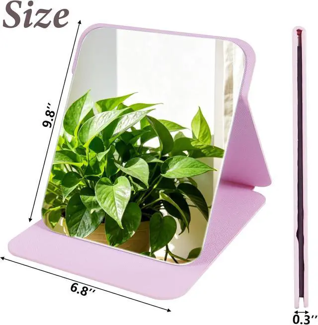 Alt view image 2 of 7 - Pink Folding Travel Mirror, 10x7 inches PU Portable Adjustable Rectangular Ultrathin Vanity Mirror with Stand, for Travel, Camping,Home