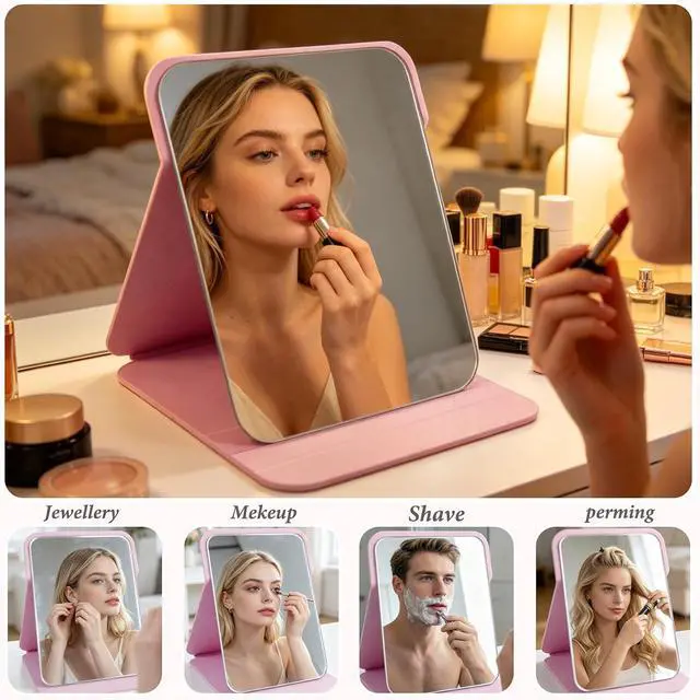 Alt view image 6 of 7 - Pink Folding Travel Mirror, 10x7 inches PU Portable Adjustable Rectangular Ultrathin Vanity Mirror with Stand, for Travel, Camping,Home