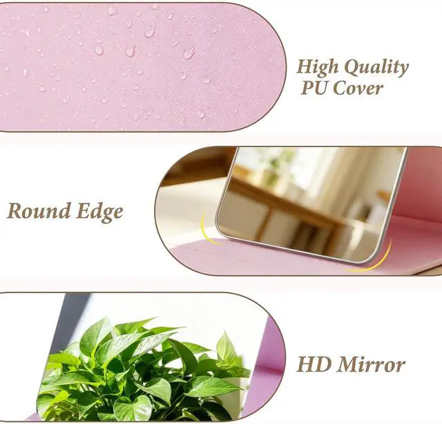 Alt view image 4 of 7 - Pink Folding Travel Mirror, 10x7 inches PU Portable Adjustable Rectangular Ultrathin Vanity Mirror with Stand, for Travel, Camping,Home