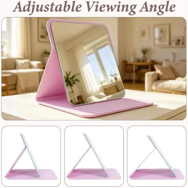 Alt view image 3 of 7 - Pink Folding Travel Mirror, 10x7 inches PU Portable Adjustable Rectangular Ultrathin Vanity Mirror with Stand, for Travel, Camping,Home