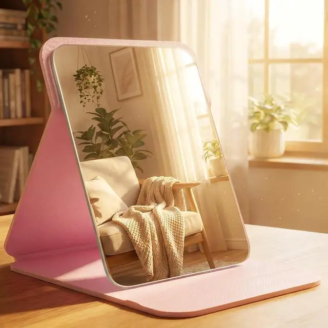 Alt view image 5 of 7 - Pink Folding Travel Mirror, 10x7 inches PU Portable Adjustable Rectangular Ultrathin Vanity Mirror with Stand, for Travel, Camping,Home