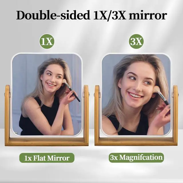Alt view image 3 of 6 - Desk Mirror,Mirror for Desk,1X/3X Magnifying Double-Sided 360°Flippable Vanity Mirror,Makeup Mirror,with Natural Bamboo Stand-White