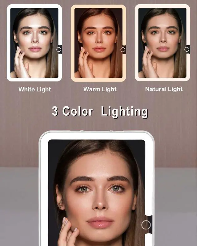Alt view image 3 of 6 - Rechargeable Travel Makeup Mirror with Light | Portable Lighted Mirror, 3 Color Dimmable, Tabletop Folding Cosmetic Mirror
