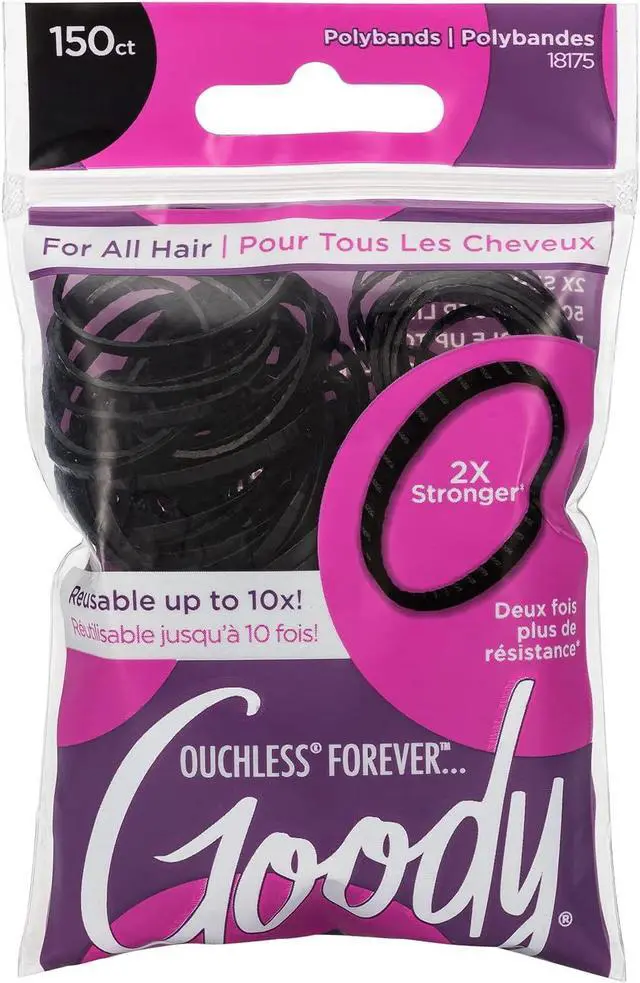 Main image of Goody Ouchless Womens Polyband Elastic Hair Tie, 150 Count, Black, Fine Hair Accessories, Style with Ease and Keep Your Hair Secured, Perfect for Fun and Unique Hairstyles, Pain-Free