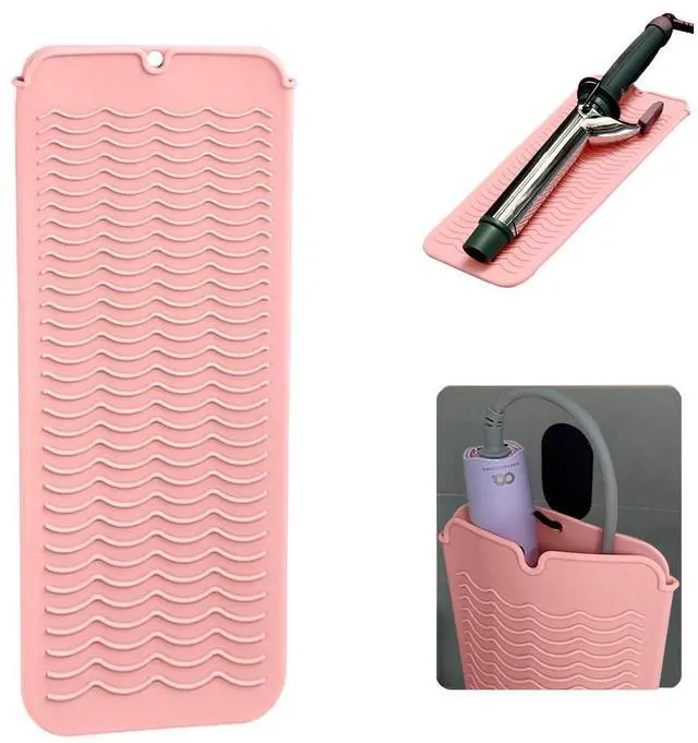 Main image of Heat Resistant Silicone Mat with Hanging Hole, Straightener Heat Resistant Travel Mat & Pouch for Curling Iron, Flat Iron and Other Hot Hair Styling Tools, 11 x 5 in, Pink