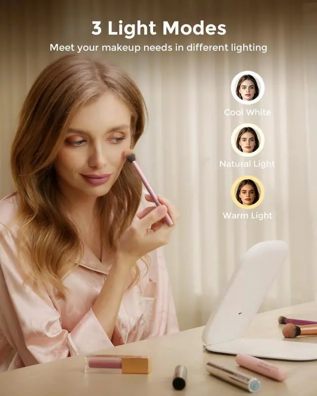 Alt view image 3 of 6 - NEZZOE Rechargeable Travel Makeup Mirror with LED Light, 7x5 Inch | Portable Lighted Makeup Mirror, 3 Lighting Modes, Dimmable Touch Control, Foldable Compact Vanity Mirror