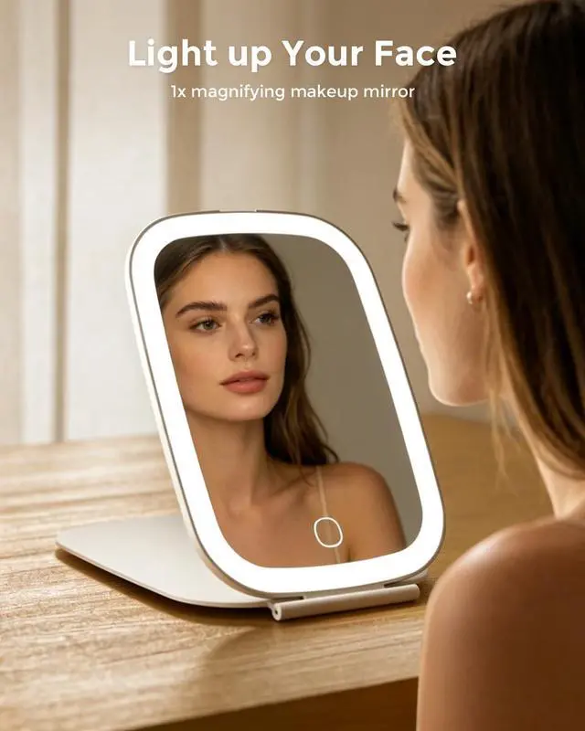 Alt view image 4 of 6 - NEZZOE Rechargeable Travel Makeup Mirror with LED Light, 7x5 Inch | Portable Lighted Makeup Mirror, 3 Lighting Modes, Dimmable Touch Control, Foldable Compact Vanity Mirror