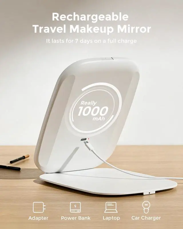 Alt view image 5 of 6 - NEZZOE Rechargeable Travel Makeup Mirror with LED Light, 7x5 Inch | Portable Lighted Makeup Mirror, 3 Lighting Modes, Dimmable Touch Control, Foldable Compact Vanity Mirror