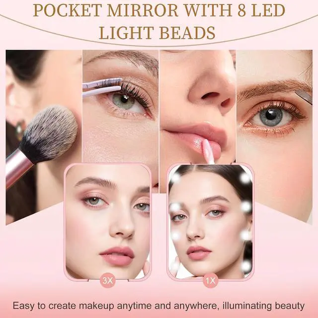 Alt view image 2 of 7 - Compact Mirror with Light, 1X/3X Magnification LED Pocket Mirror for Women | Portable, Travel, Purse, Pocket, Gift, Pink, mini, small, essentials, led, fiberglass, batteries, rectangular