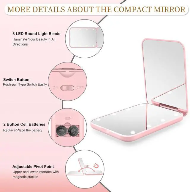 Alt view image 3 of 7 - Compact Mirror with Light, 1X/3X Magnification LED Pocket Mirror for Women | Portable, Travel, Purse, Pocket, Gift, Pink, mini, small, essentials, led, fiberglass, batteries, rectangular