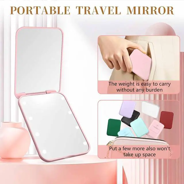 Alt view image 5 of 7 - Compact Mirror with Light, 1X/3X Magnification LED Pocket Mirror for Women | Portable, Travel, Purse, Pocket, Gift, Pink, mini, small, essentials, led, fiberglass, batteries, rectangular