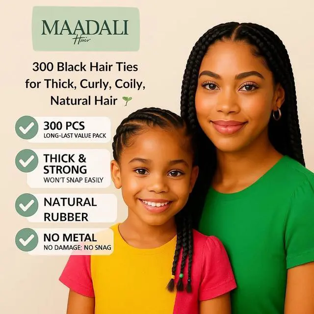 Alt view image 3 of 7 - 300 Black Hair Ties - Small Strong Rubber Bands for Thick, Curly & Afro Hair, Braids, Ponytails & Protective Styles - No Breakage Hair Elastics bands for Women & Girls - MAADALI