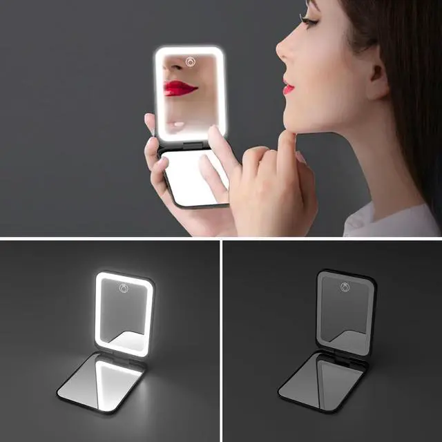 Alt view image 3 of 7 - Kintion 1X/3X Pocket Mirror, 3 Color Lighting LED Compact Mirror (Black) | Rechargeable Dimmable Travel Mirror for Purse, Portable, Folding, Handheld, Small Lighted Mirror for Women Gift