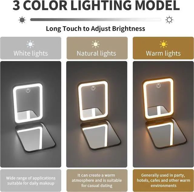 Alt view image 6 of 7 - Kintion 1X/3X Pocket Mirror, 3 Color Lighting LED Compact Mirror (Black) | Rechargeable Dimmable Travel Mirror for Purse, Portable, Folding, Handheld, Small Lighted Mirror for Women Gift