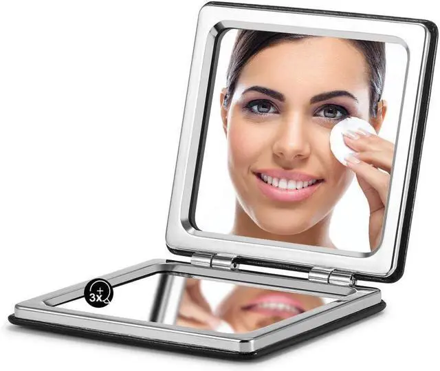 Main image of OMIRO Compact Mirror with 3x/1x Magnification, 2.8" Pocket Mirror | Small Mirror for Purse, Pocket Mirror for WomenMen, Black, Classical PU Leather, Square