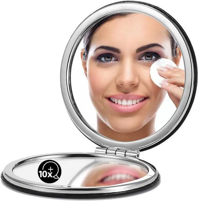 Main image of OMIRO 1X/10X Compact Magnifying Mirror for Travel, 2.8 in | Travel Mirror with Magnification, Mini Mirror for Purse, Dual-Sided Flip, PU Leather, Round (Black)