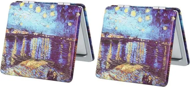 Main image of Pocket Mirror for Women, 2 Pcs Square 2.8 PU OilPainting Style Double Sided 1X/3X Mirror for Purse Travel Compact Mirror (OP02)