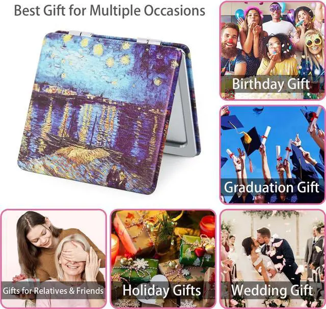 Alt view image 5 of 5 - Pocket Mirror for Women, 2 Pcs Square 2.8 PU OilPainting Style Double Sided 1X/3X Mirror for Purse Travel Compact Mirror (OP02)