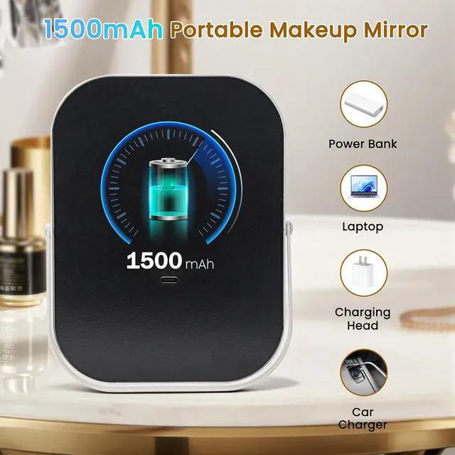 Alt view image 3 of 7 - Rechargeable Travel Makeup Mirror, 8"×6" Small Vanity Mirror with Lights, 1500mAH Battery, 3-Color Lighting, 360° Rotation, Portable Desk Mirror with Storage Pouch, Travel Essentials (White)
