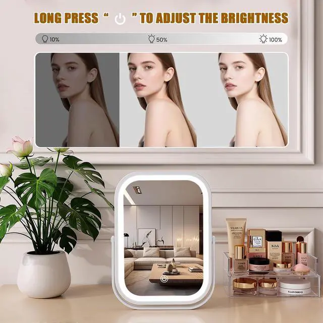 Alt view image 5 of 7 - Rechargeable Travel Makeup Mirror, 8"×6" Small Vanity Mirror with Lights, 1500mAH Battery, 3-Color Lighting, 360° Rotation, Portable Desk Mirror with Storage Pouch, Travel Essentials (White)