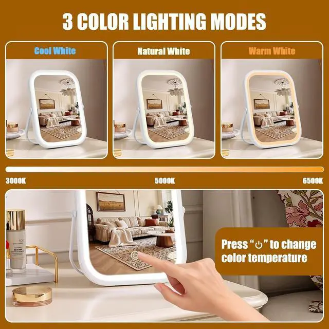 Alt view image 6 of 7 - Rechargeable Travel Makeup Mirror, 8"×6" Small Vanity Mirror with Lights, 1500mAH Battery, 3-Color Lighting, 360° Rotation, Portable Desk Mirror with Storage Pouch, Travel Essentials (White)