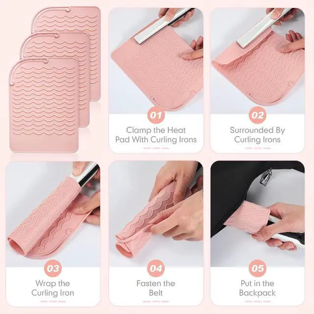 Alt view image 4 of 7 - Flat Iron Heat Resistant Silicone Mat for Curling Iron, Hair Straightener Heat Pad, Curling Iron Sleeve, Travel Case Heat Resistant and Other Hair Styling Tools, for Counter, 9 x 6.5 in, Pink