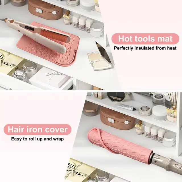 Alt view image 3 of 7 - Flat Iron Heat Resistant Silicone Mat for Curling Iron, Hair Straightener Heat Pad, Curling Iron Sleeve, Travel Case Heat Resistant and Other Hair Styling Tools, for Counter, 9 x 6.5 in, Pink