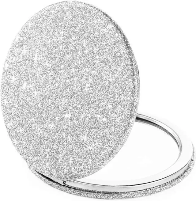 Main image of Silver Compact Mirror for Women,Magnifying Travel Mirror with Glitter,Double-Sided Small Pocket Mirror,Portable 2 x 1x Magnification Folding Makeup Mirror,Cosmetic Mirror for Gift
