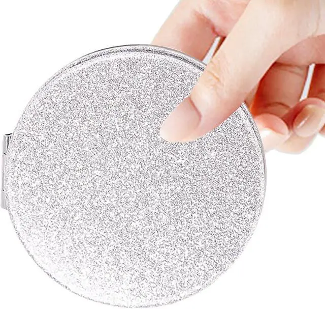 Alt view image 3 of 7 - Silver Compact Mirror for Women,Magnifying Travel Mirror with Glitter,Double-Sided Small Pocket Mirror,Portable 2 x 1x Magnification Folding Makeup Mirror,Cosmetic Mirror for Gift