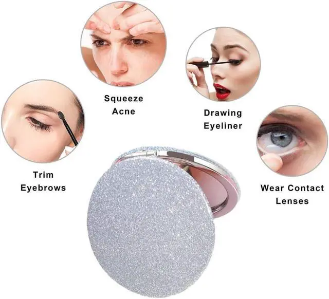 Alt view image 4 of 7 - Silver Compact Mirror for Women,Magnifying Travel Mirror with Glitter,Double-Sided Small Pocket Mirror,Portable 2 x 1x Magnification Folding Makeup Mirror,Cosmetic Mirror for Gift