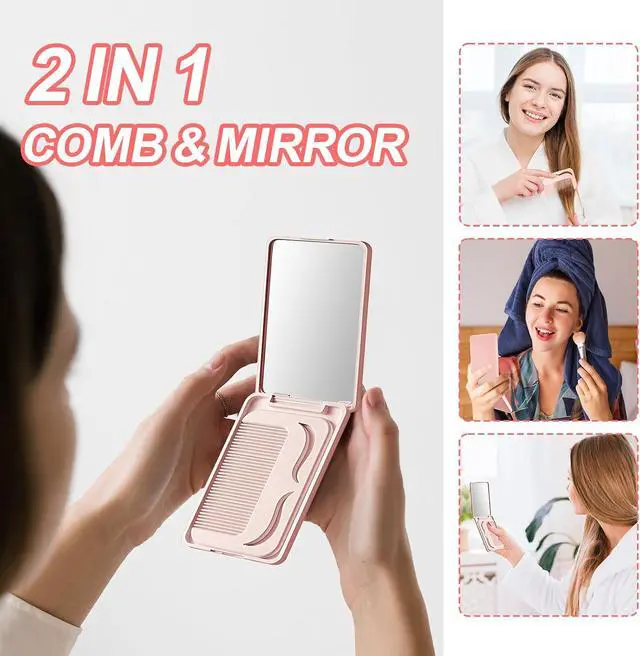 Alt view image 3 of 7 - Compact Folding Mirror, 3.9" Small Portable Makeup Mirror for Pocket Purse, Mini Travel Size Foldable Mirrors with Stand for Tabletop, Handheld Mirrors for Women Girls (1 Pack-Pink)