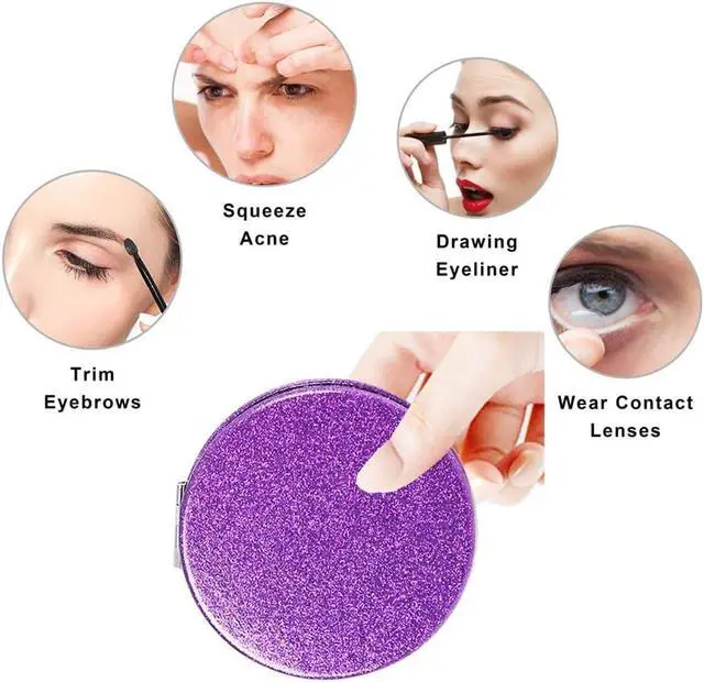 Alt view image 4 of 7 - Cute Purple Compact Mirror for Women,Magnifying Travel Mirror with Glitter,Leather Small Pocket Mirror,Portable 2 x 1x Magnification Folding Makeup Mirror,Cosmetic Mirror for Gift
