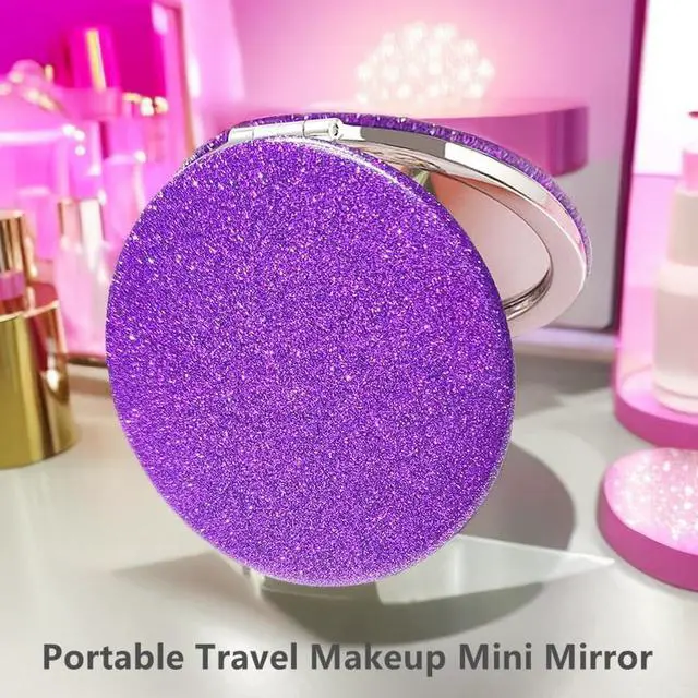 Alt view image 7 of 7 - Cute Purple Compact Mirror for Women,Magnifying Travel Mirror with Glitter,Leather Small Pocket Mirror,Portable 2 x 1x Magnification Folding Makeup Mirror,Cosmetic Mirror for Gift