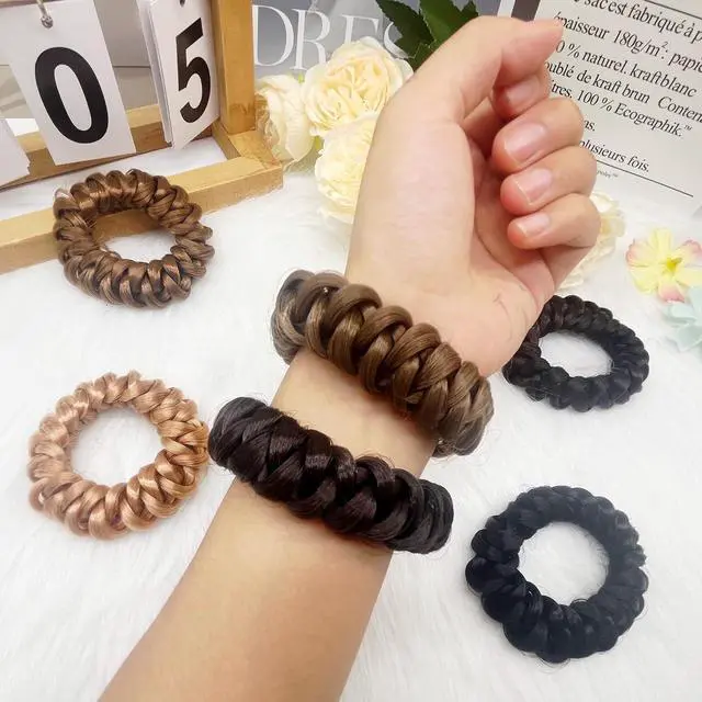 Alt view image 4 of 7 - Wig Hair Ties Wig Braided Hair Elastic Rope Ponytail Holders Wig Imitation Head Ropes Hair Band - No Damage Hair Ties for Women Girls Teens Hair Accessories (Dark Brown+Brown)