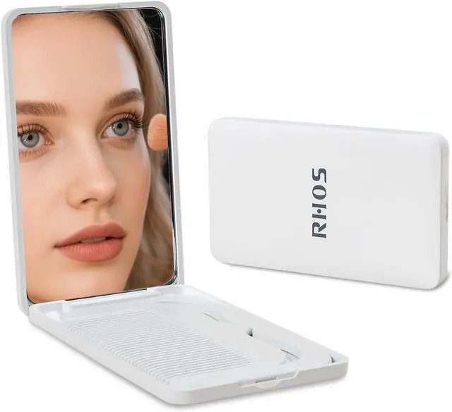 Main image of RHOS Folding Mirror with Comb, Pocket Makeup Mirror for Women and Kid Girls | Comb and Mirror Set, Compact & Portable for Travel, Purse, Handbag (White)