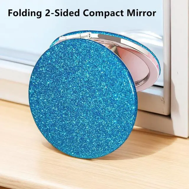 Alt view image 3 of 7 - Cute Blue Compact Mirror for Women,Magnifying Travel Mirror with Glitter,Leather Small Pocket Mirror,Portable 2 x 1x Magnification Folding Makeup Mirror,Cosmetic Mirror for Gift