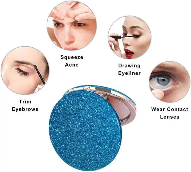 Alt view image 4 of 7 - Cute Blue Compact Mirror for Women,Magnifying Travel Mirror with Glitter,Leather Small Pocket Mirror,Portable 2 x 1x Magnification Folding Makeup Mirror,Cosmetic Mirror for Gift