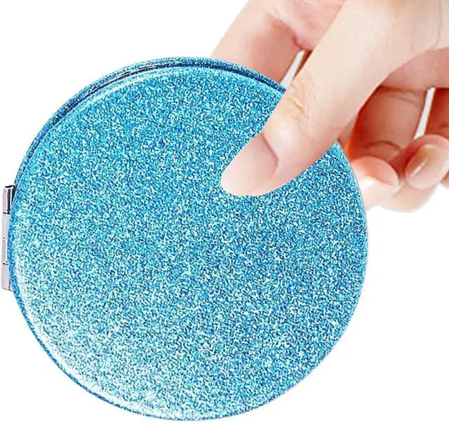 Alt view image 6 of 7 - Cute Blue Compact Mirror for Women,Magnifying Travel Mirror with Glitter,Leather Small Pocket Mirror,Portable 2 x 1x Magnification Folding Makeup Mirror,Cosmetic Mirror for Gift