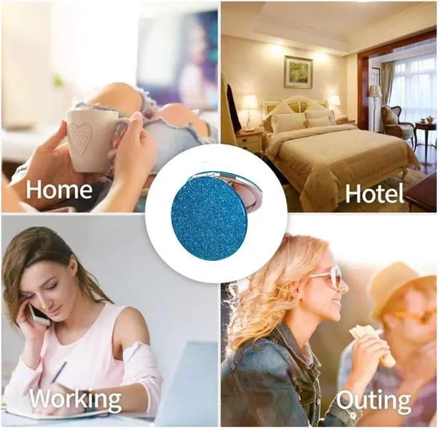 Alt view image 7 of 7 - Cute Blue Compact Mirror for Women,Magnifying Travel Mirror with Glitter,Leather Small Pocket Mirror,Portable 2 x 1x Magnification Folding Makeup Mirror,Cosmetic Mirror for Gift