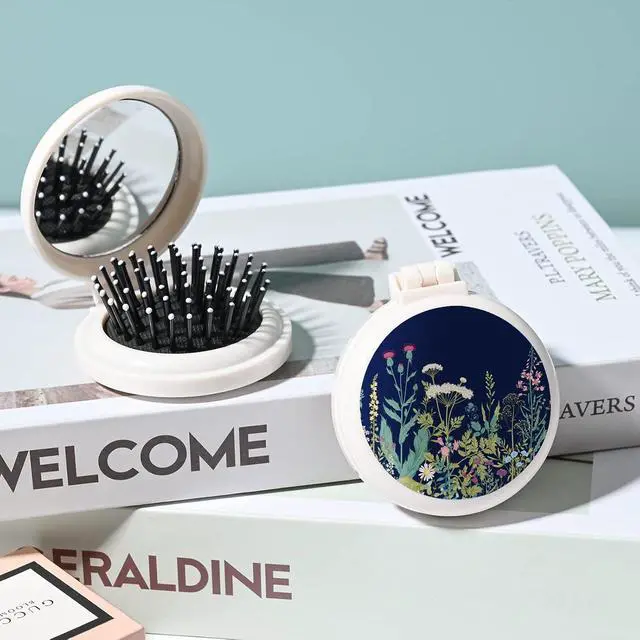 Alt view image 2 of 6 - Mini hairbrush, pocket hairbrush with mirror, portable for purse/pocket, travel size (Black flowers and plants)