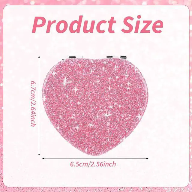 Alt view image 2 of 7 - Dimeho Compact Folding Mirror Mini Vanity Mirror Makeup Tools, Pink-Silver | Heart Shaped, Magnifying, Portable Travel, for Purse, Double-Sided, Cute Glitter, Cosmetic Accessories