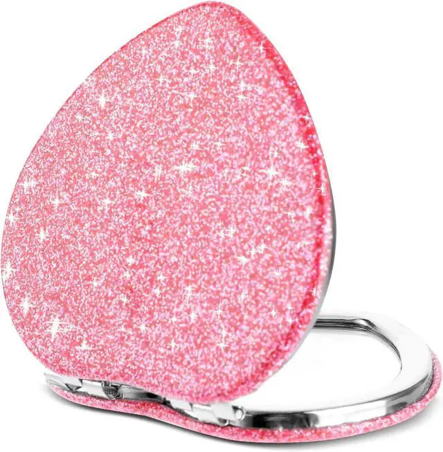Main image of Dimeho Compact Folding Mirror Mini Vanity Mirror Makeup Tools, Pink-Silver | Heart Shaped, Magnifying, Portable Travel, for Purse, Double-Sided, Cute Glitter, Cosmetic Accessories