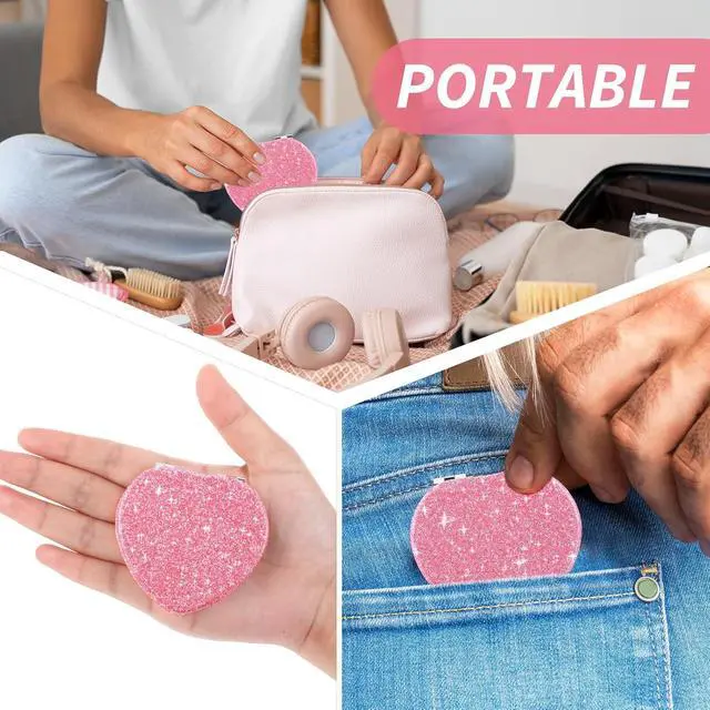 Alt view image 3 of 7 - Dimeho Compact Folding Mirror Mini Vanity Mirror Makeup Tools, Pink-Silver | Heart Shaped, Magnifying, Portable Travel, for Purse, Double-Sided, Cute Glitter, Cosmetic Accessories