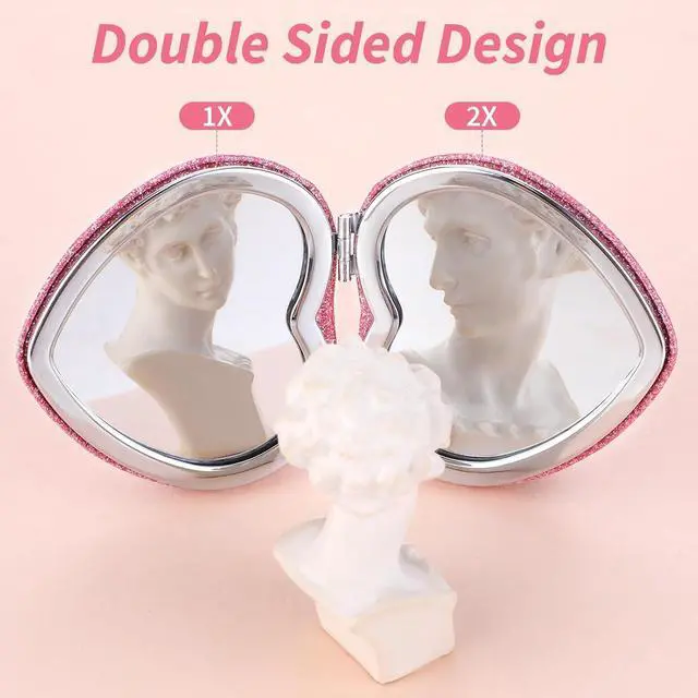 Alt view image 4 of 7 - Dimeho Compact Folding Mirror Mini Vanity Mirror Makeup Tools, Pink-Silver | Heart Shaped, Magnifying, Portable Travel, for Purse, Double-Sided, Cute Glitter, Cosmetic Accessories