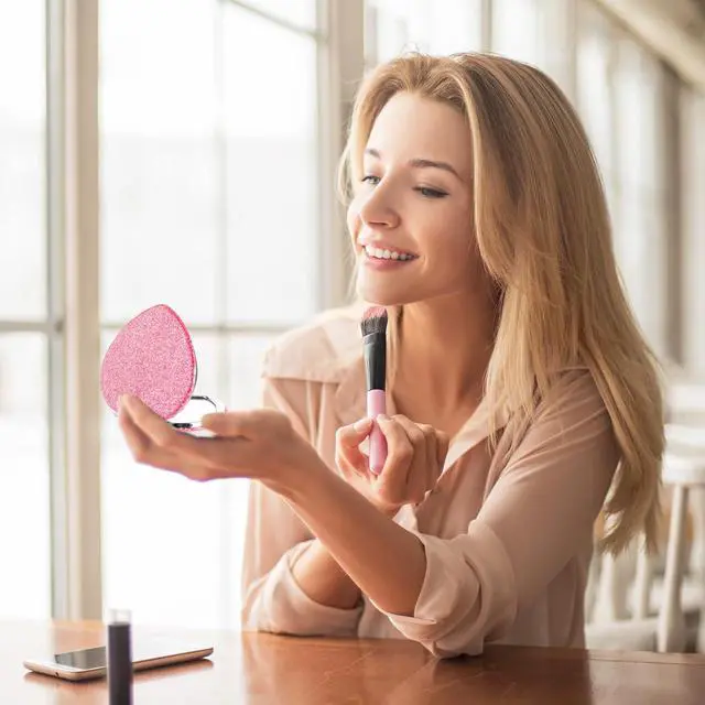 Alt view image 6 of 7 - Dimeho Compact Folding Mirror Mini Vanity Mirror Makeup Tools, Pink-Silver | Heart Shaped, Magnifying, Portable Travel, for Purse, Double-Sided, Cute Glitter, Cosmetic Accessories